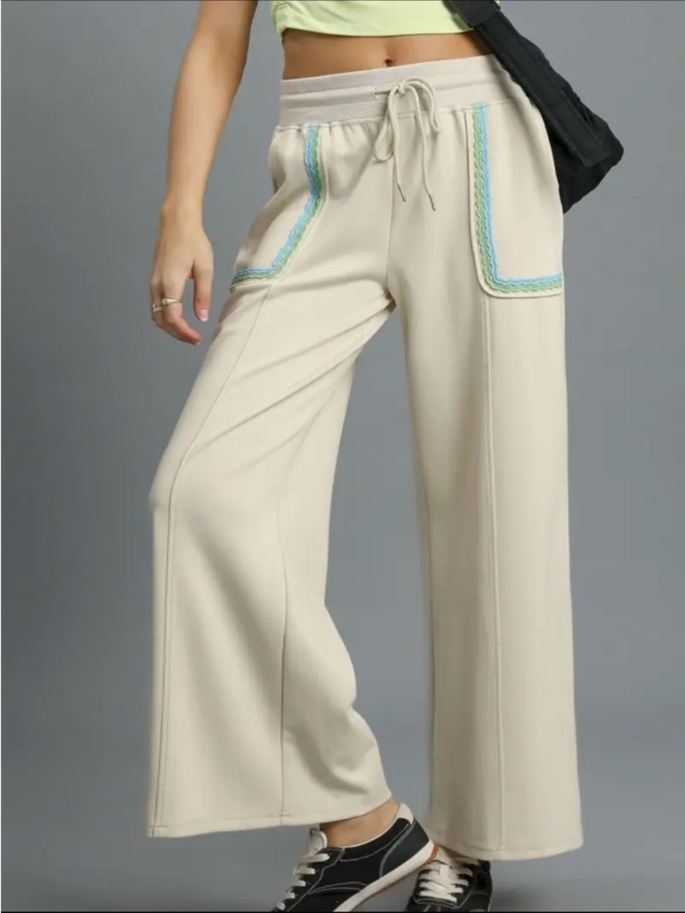 Umgee Cream Wide-Leg Drawstring Pants with Blue-Green Trim